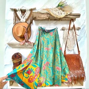 Vintage Teal and Yellow Paisley Midi Skirt